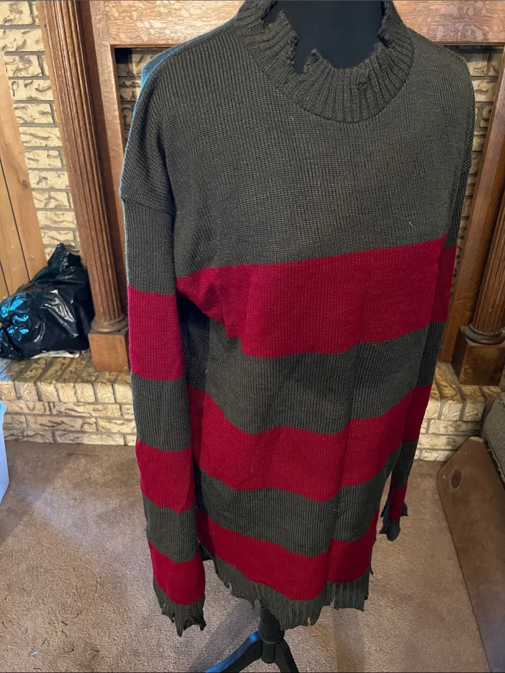 Freddy Kruger Striped Distressed Crewneck Sweater - Gray & Red